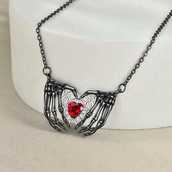 NEW Gothic Skeleton Hands Heart Necklace – Black Pendant with Red Crystal - Picture 1 of 4